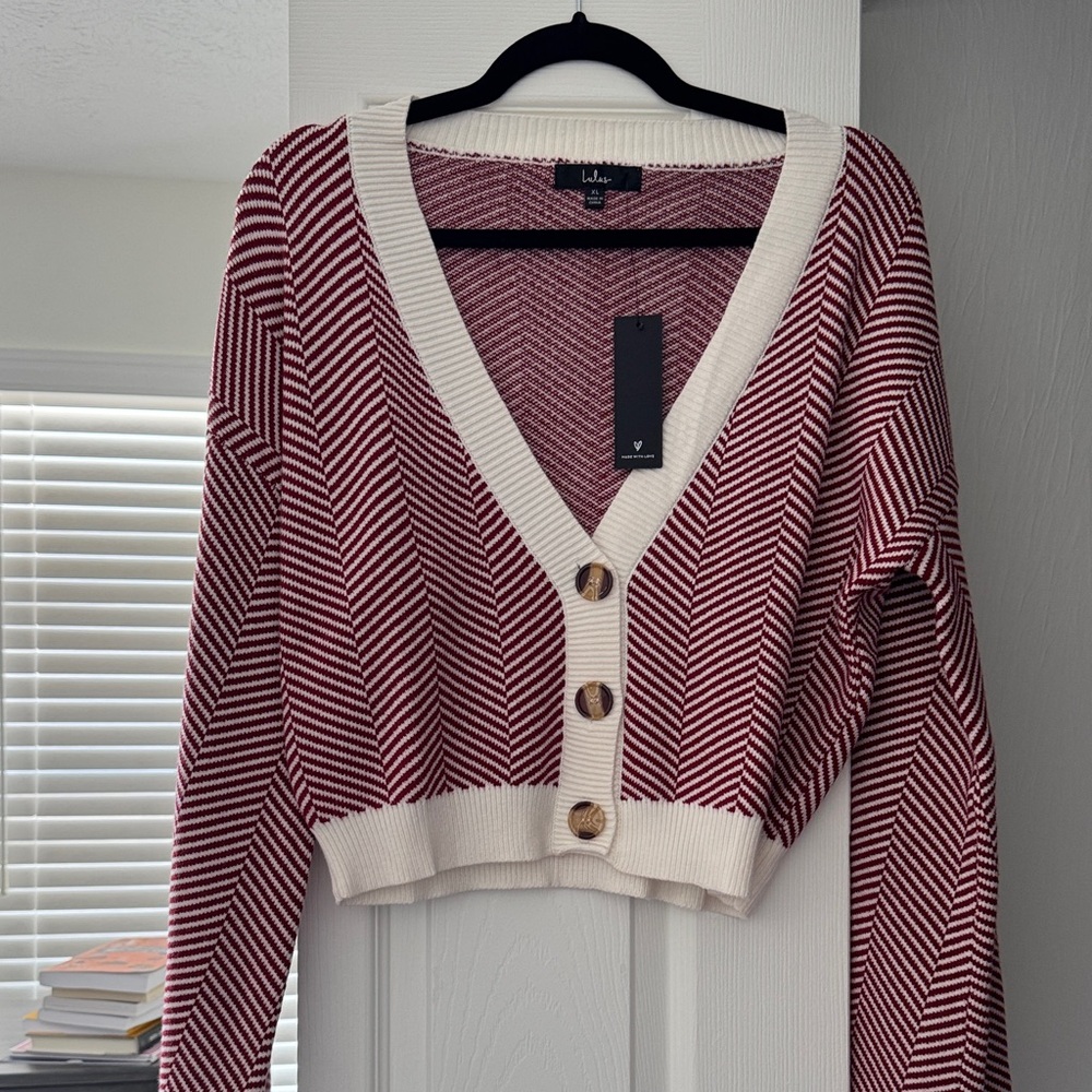 Lulu's Burgundy and Cream Striped Cardigan